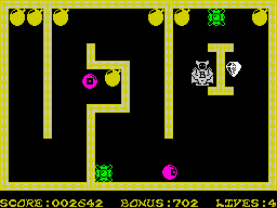Bomber Bob In Pentagon Capers (ZX Spectrum) screenshot: The green spine upon me is deadly