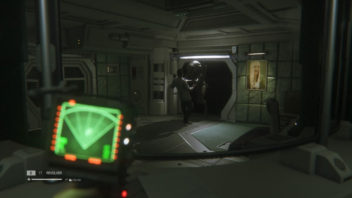 Alien: Isolation (PlayStation 4) screenshot: When duck behind some cart or desk, alien doesn't seem to notice you even if you're in the middle of the room