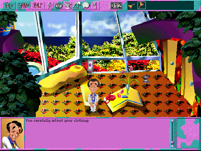 Leisure Suit Larry 6: Shape Up or Slip Out! (DOS) screenshot: Larry's room. Pretty fancy, eh? Larry adjusts his zipper if you click the corresponding icon on him (high-resolution CD version)
