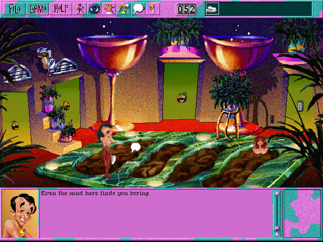 Leisure Suit Larry 6: Shape Up or Slip Out! (DOS) screenshot: High-resolution mud bath shot for area comparison. Colors and proportions seem different, too - compare to the low-res shot of the same place (high-resolution CD version)