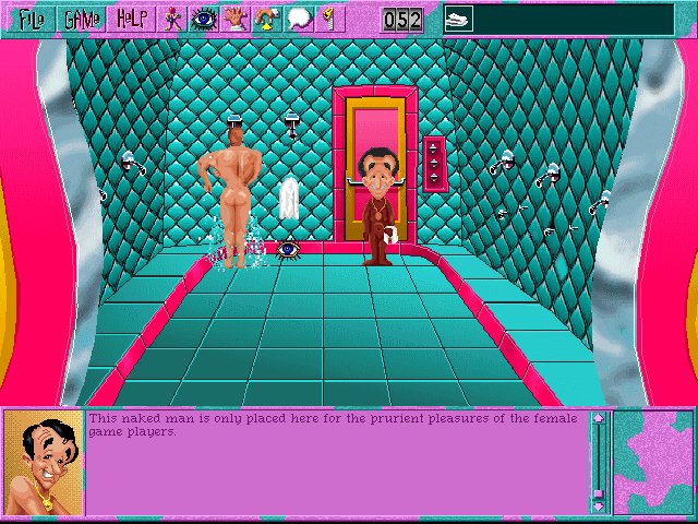 Leisure Suit Larry 6: Shape Up or Slip Out! (DOS) screenshot: Larry needs a shower! The game explains the presence of naked male characters (high-resolution CD version)