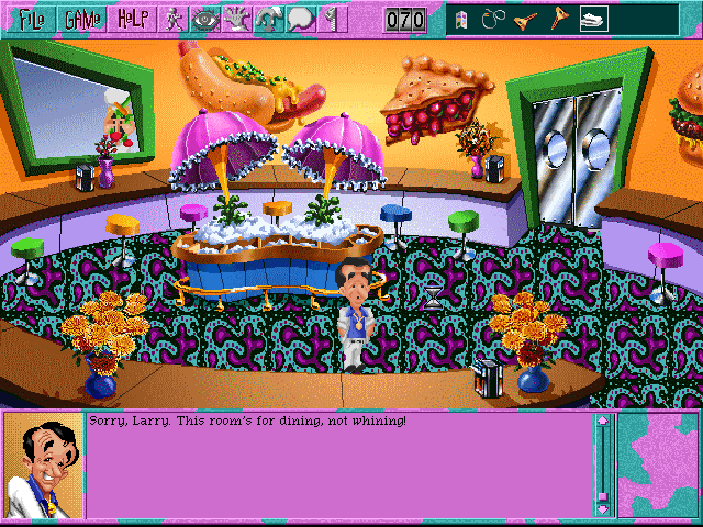 Leisure Suit Larry 6: Shape Up or Slip Out! (DOS) screenshot: Dining room. Larry performs one of his random animations. Chefs are running back and forth behind the glass (high-resolution CD version)