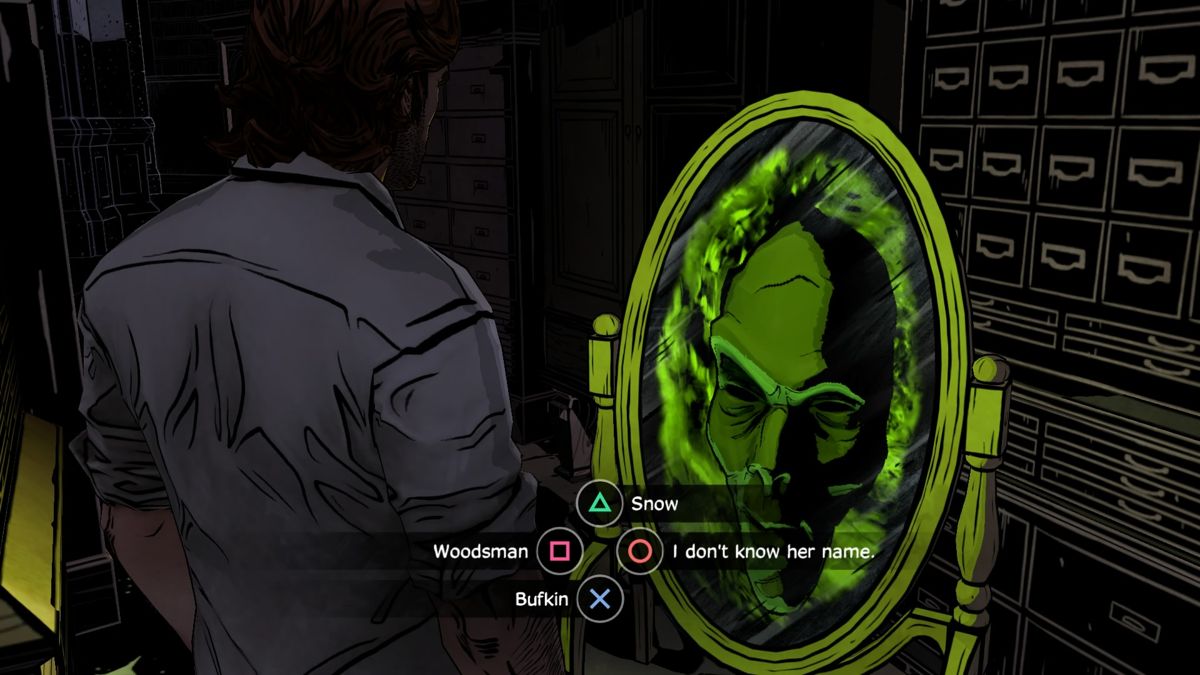 The Wolf Among Us (PlayStation 4) screenshot: Episode 1: The mirror provides helpful information for whereabouts