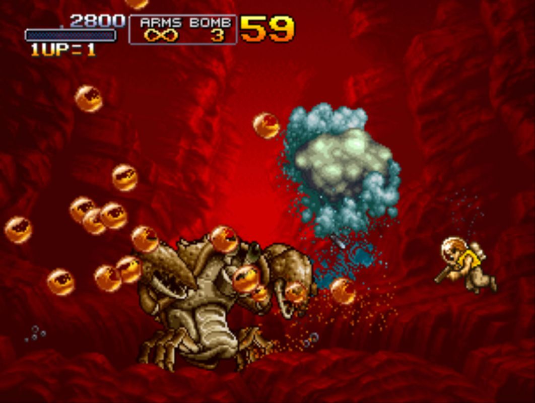 Metal Slug 3 (Windows) screenshot: Fighting two giant crabs underwater.