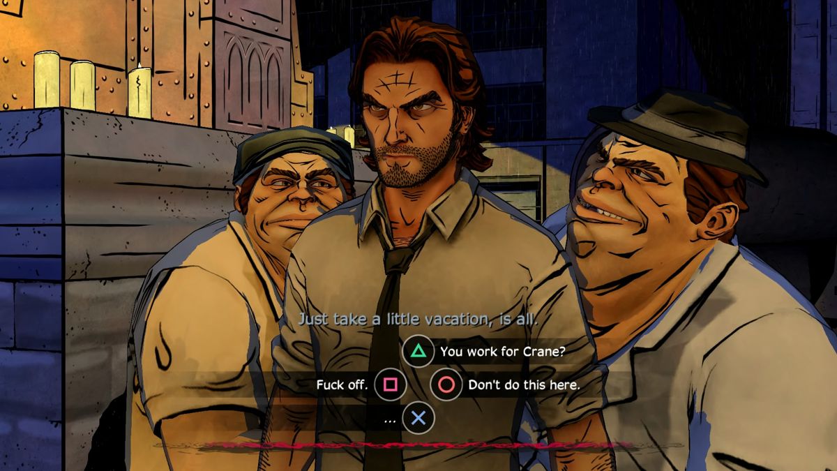The Wolf Among Us (PlayStation 4) screenshot: Episode 3 - Taken hostage by Dee and Dum.