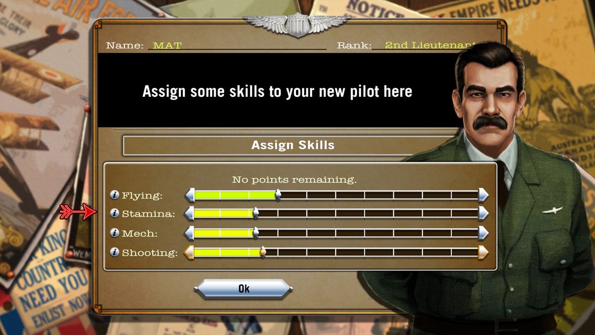 Wings!: Remastered Edition (Windows) screenshot: Assigning skills to your pilot.