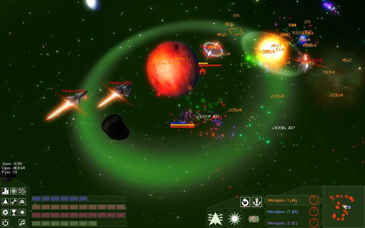 Galactic Arms Race (Windows) screenshot: Unfortunately it's impossible to descend to the gas planet in the background.