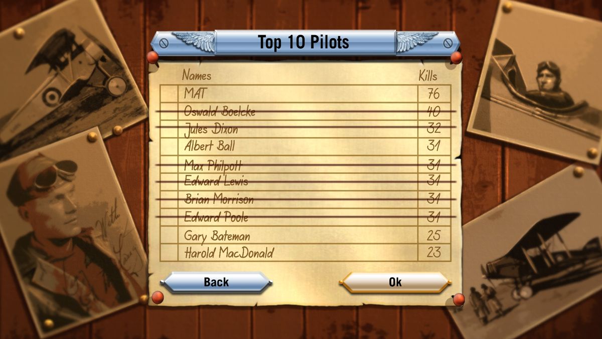 Wings!: Remastered Edition (Windows) screenshot: List of top pilots on both sides of the war.
