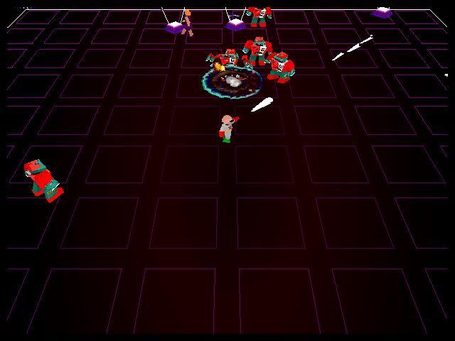 Robotron X (Windows) screenshot: Blasting baddies. The game is keyboard controlled and Eugene fires using the N,H,U,I,O,M keys among others Demo version