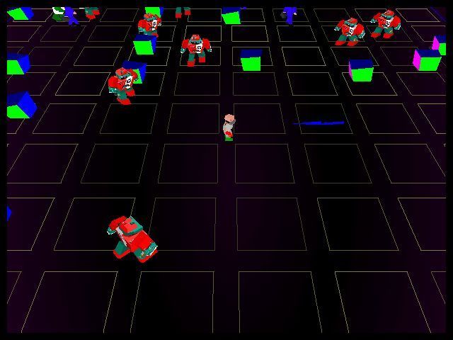 Robotron X (Windows) screenshot: This is level five. Here there are obstacles and 'Insidious Brains' to deal with. Demo version