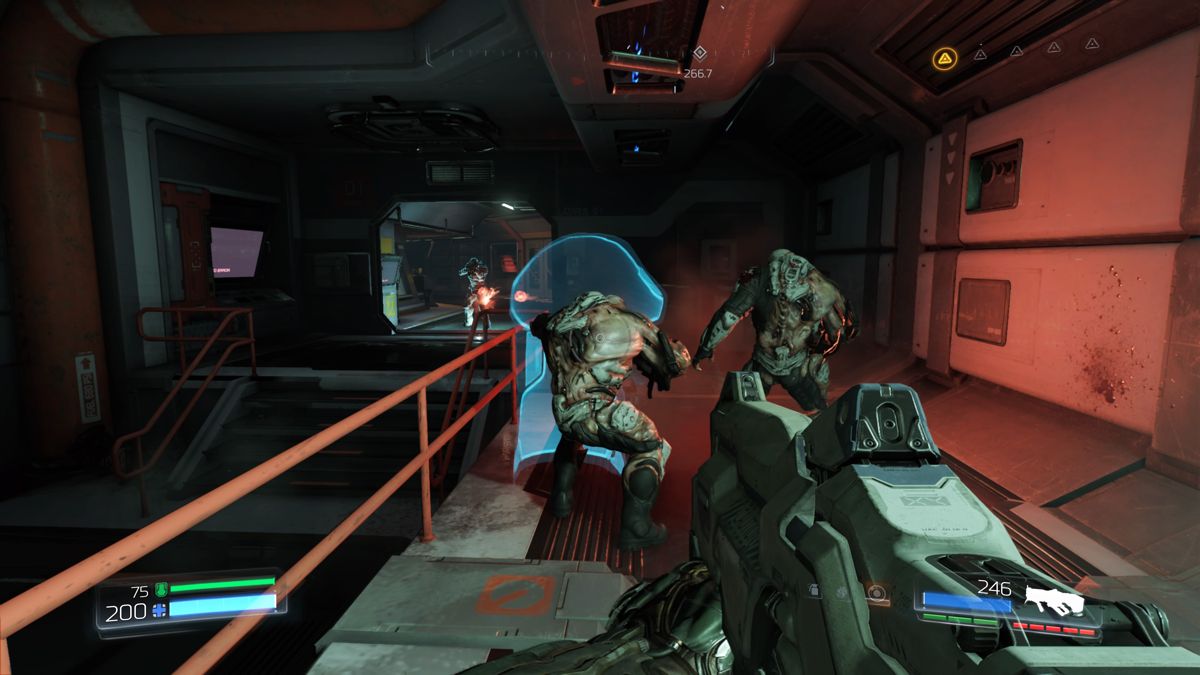 Doom (PlayStation 4) screenshot: Placing a decoy in order to get behind the shield bearers