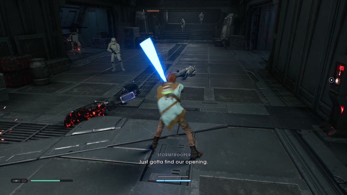Star Wars: Jedi - Fallen Order (PlayStation 4) screenshot: Deflecting laser shots back to stormtroopers