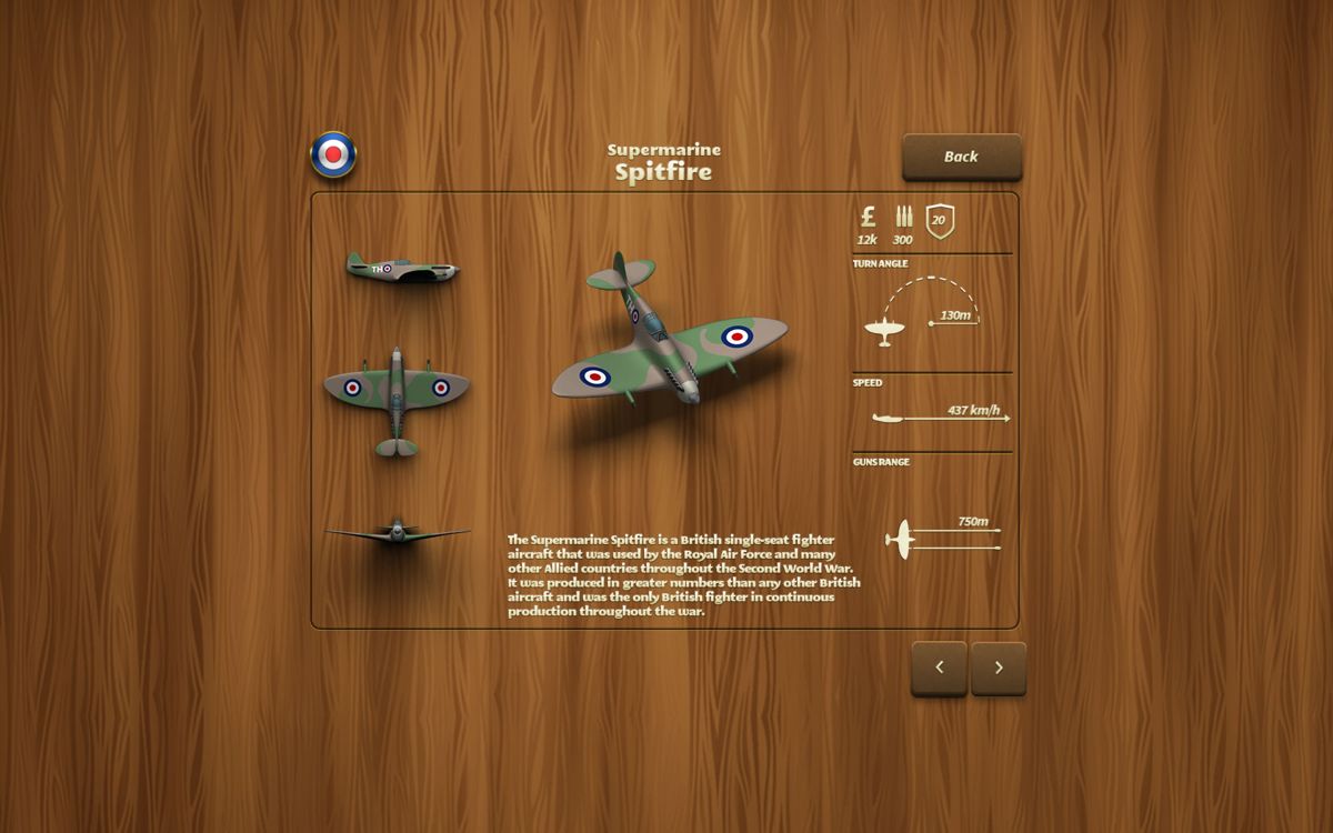 The Few (Windows) screenshot: Details about the Spitfire plane