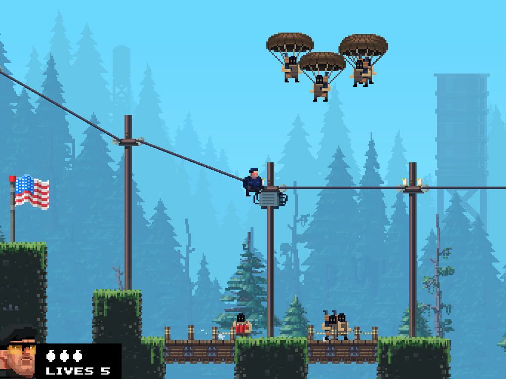 The Expendabros (Windows) screenshot: Slide on an electric wire