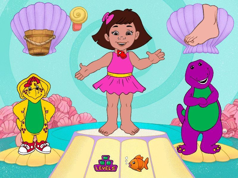 Barney Under the Sea (Windows) screenshot: This is BJ's Giant Shell where the player has to identify and click on body parts. BJ says the part and if the player gets it wrong Barney helps by showing the player a picture