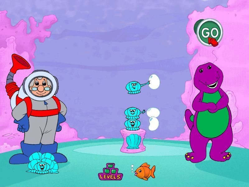 Barney Under the Sea (Windows) screenshot: Professor Tinkerputt's Dive Site As with all the games, cute animations and praise from Barney and friends is used as a reward for getting the answer right