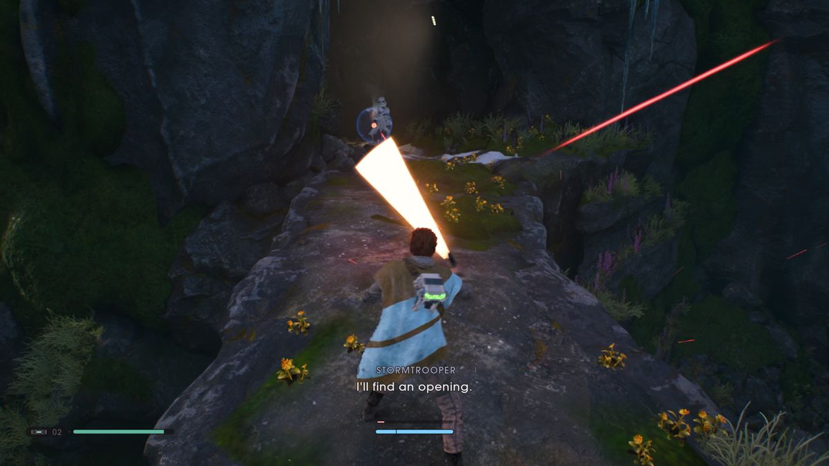 Star Wars: Jedi - Fallen Order (PlayStation 4) screenshot: Deflecting bullets from a heavy assault trooper can only be done for so long