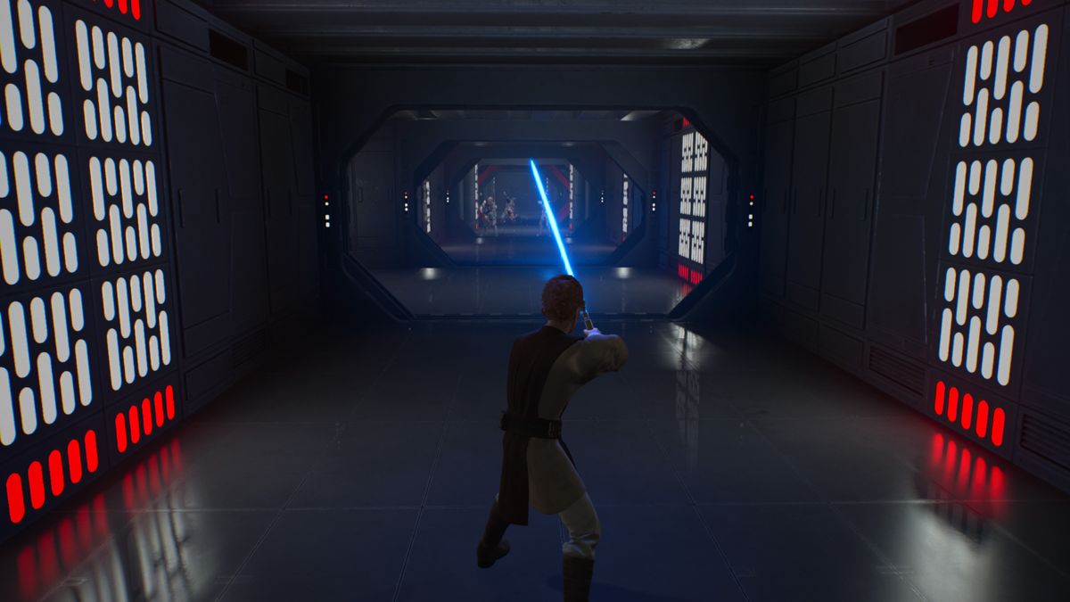 Star Wars: Jedi - Fallen Order (PlayStation 4) screenshot: Young Cal escaping the chasing clone troopers