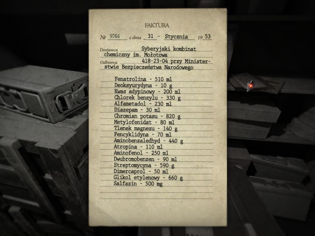 1953: KGB Unleashed (Windows) screenshot: Receipt for a shipment of chemicals