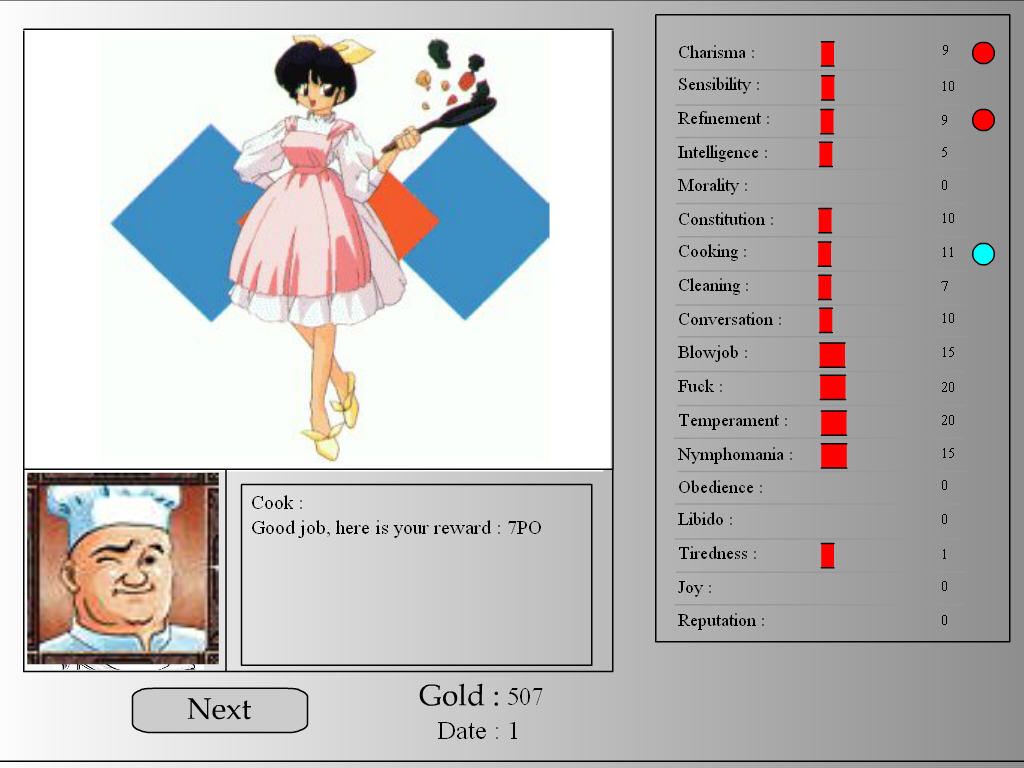 Slave Maker (Browser) screenshot: Akane in a restaurant