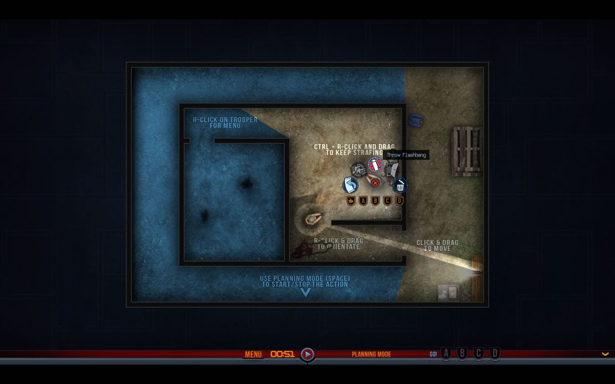 Door Kickers (Windows) screenshot: Right click a soldier to view the available options.