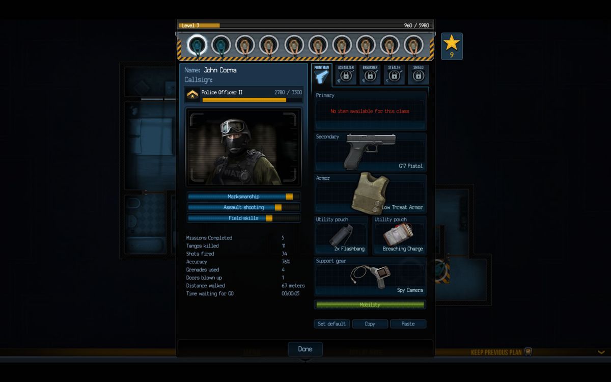 Door Kickers (Windows) screenshot: Soldier customization screen