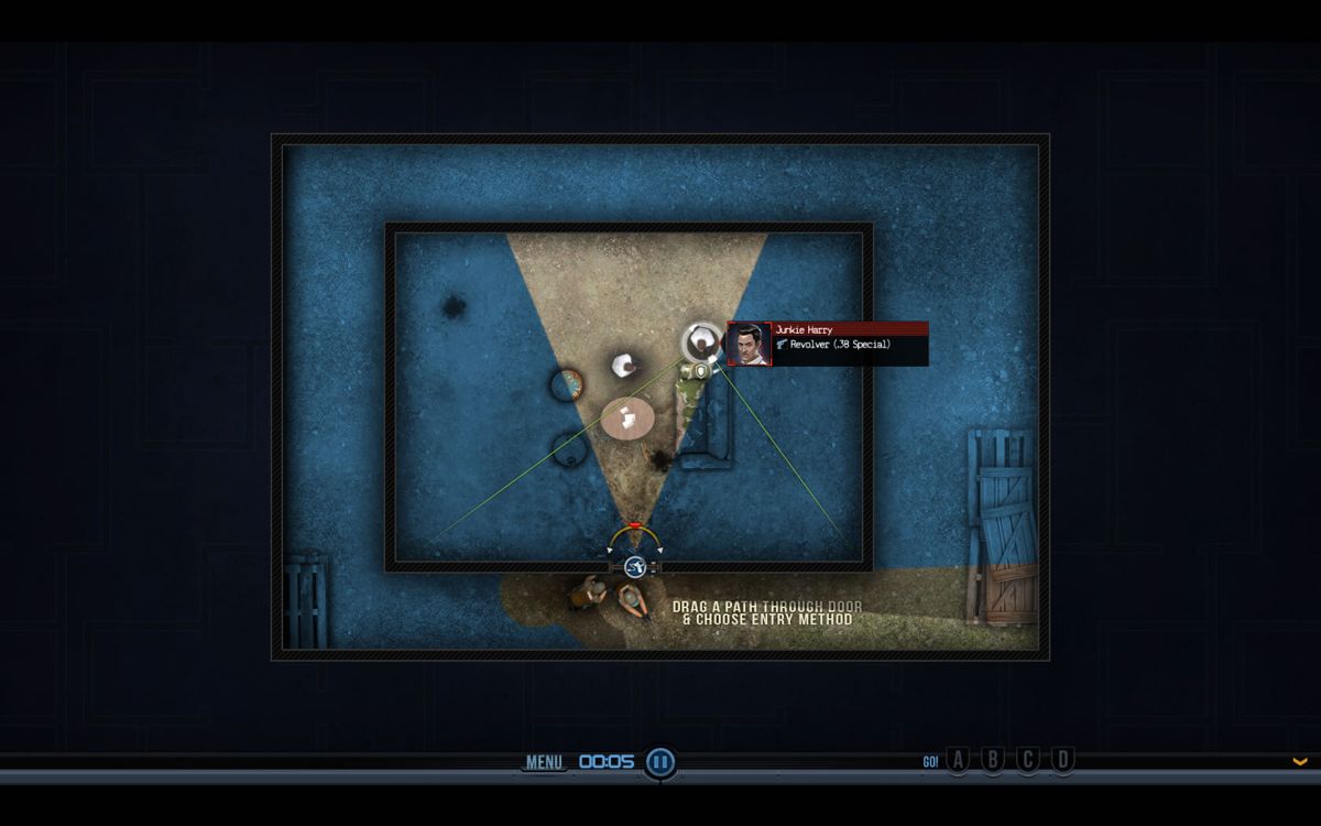 Door Kickers (Windows) screenshot: Using the spy camera you get a look at the situation inside before breaching the door.