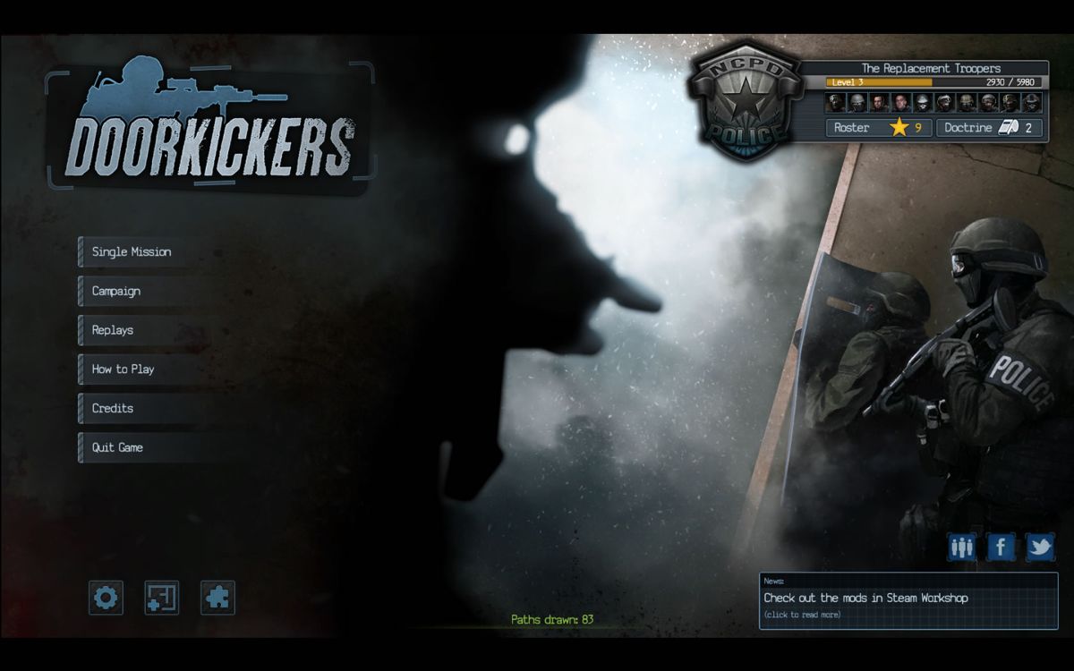 Door Kickers (Windows) screenshot: Main menu. Progress is shown in the top right corner.