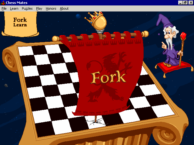 Chess Mates (Windows) screenshot: There are lots of cheery animations in the game. This banner announces the start id the forking lessons Demo version