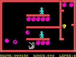 Bomber Bob In Pentagon Capers (ZX Spectrum) screenshot: Starting in the 2nd set of rooms