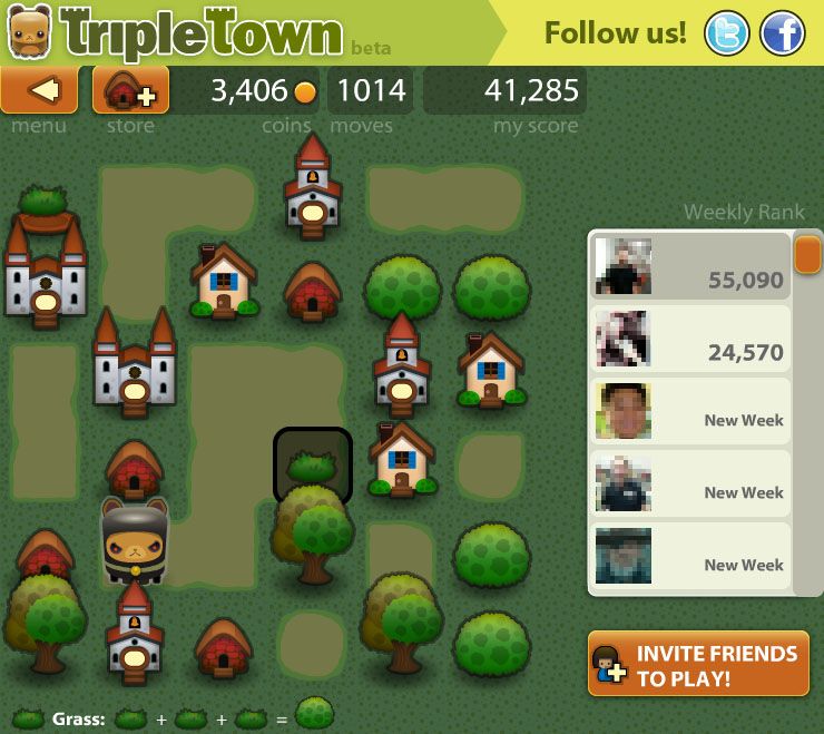 Triple Town (Browser) screenshot: A game in progress