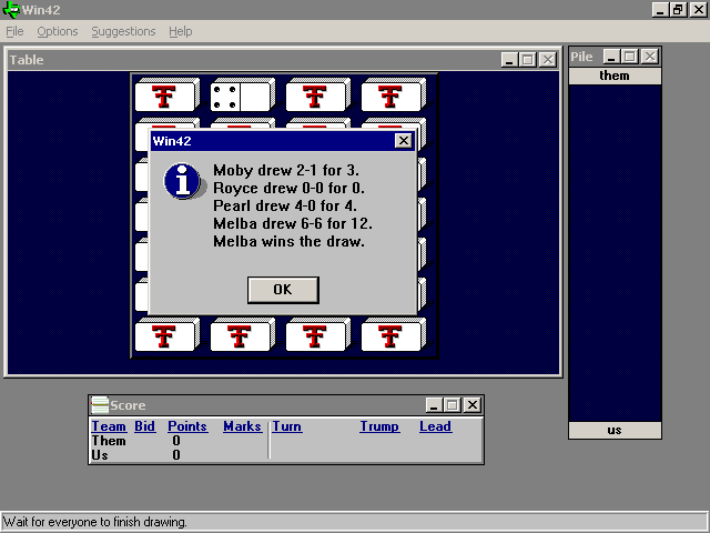 Win42 (Windows) screenshot: Each player picks a domino to see who goes first