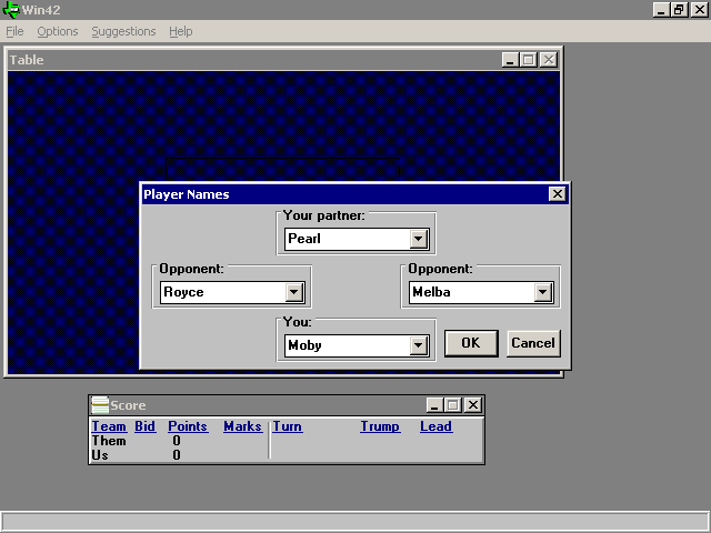Win42 (Windows) screenshot: Starting a game. The player is always at the bottom of the screen but can name all other players