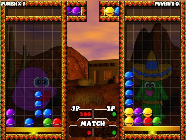 Drop and Blow (Windows) screenshot: The player vs. CPU match is similar to the Championship. However the player selects both characters and it's just a single match
