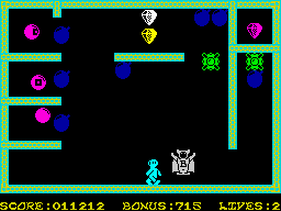 Bomber Bob In Pentagon Capers (ZX Spectrum) screenshot: Better to jump over this walking robot