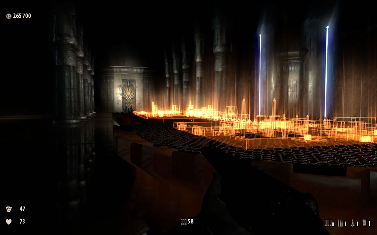 Serious Sam 3: BFE (Windows) screenshot: A futuristic hologram inside a pyramid