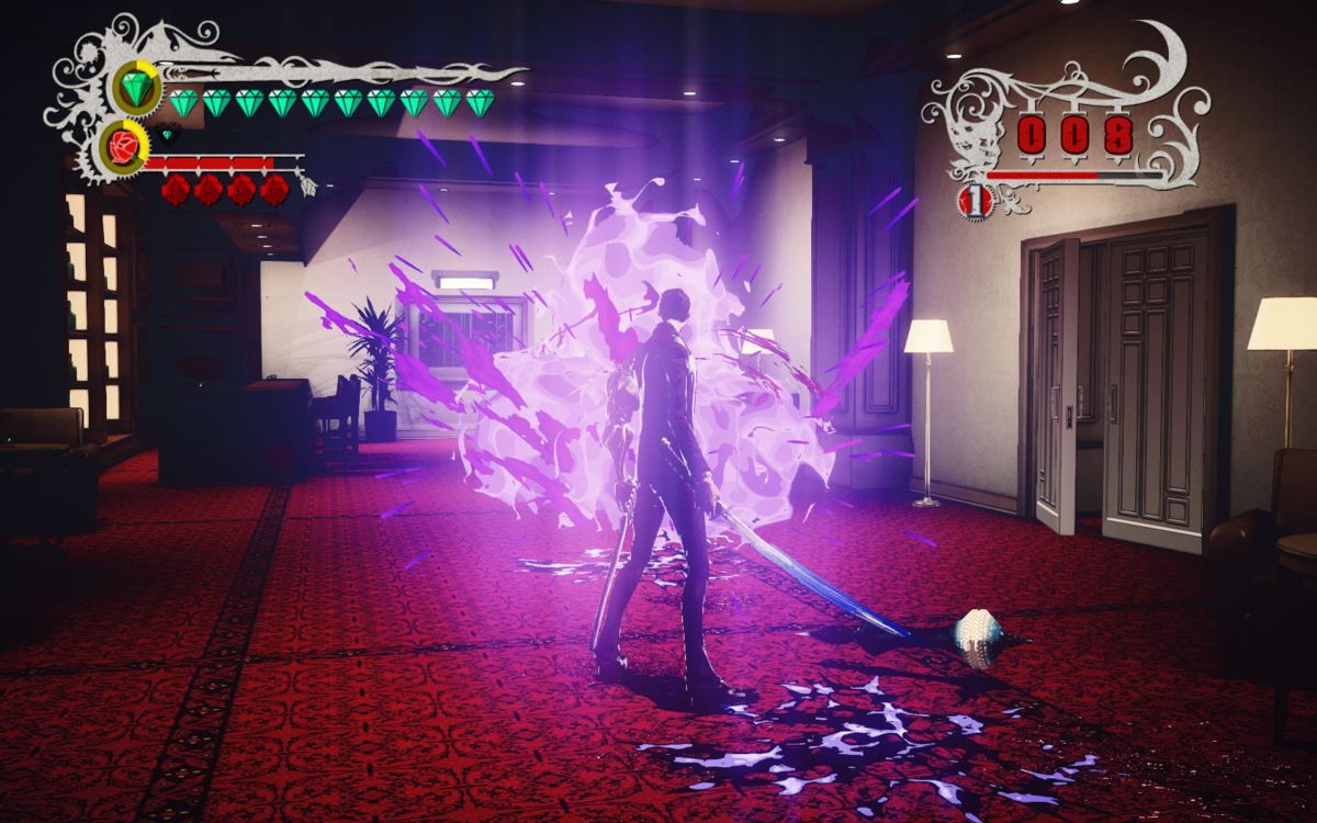 Killer Is Dead (Windows) screenshot: Killed enemies disappear in a purple explosion.