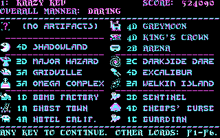 Time Bandit (DOS) screenshot: The info-board keeps you up to date on your progress in the worlds. (CGA)