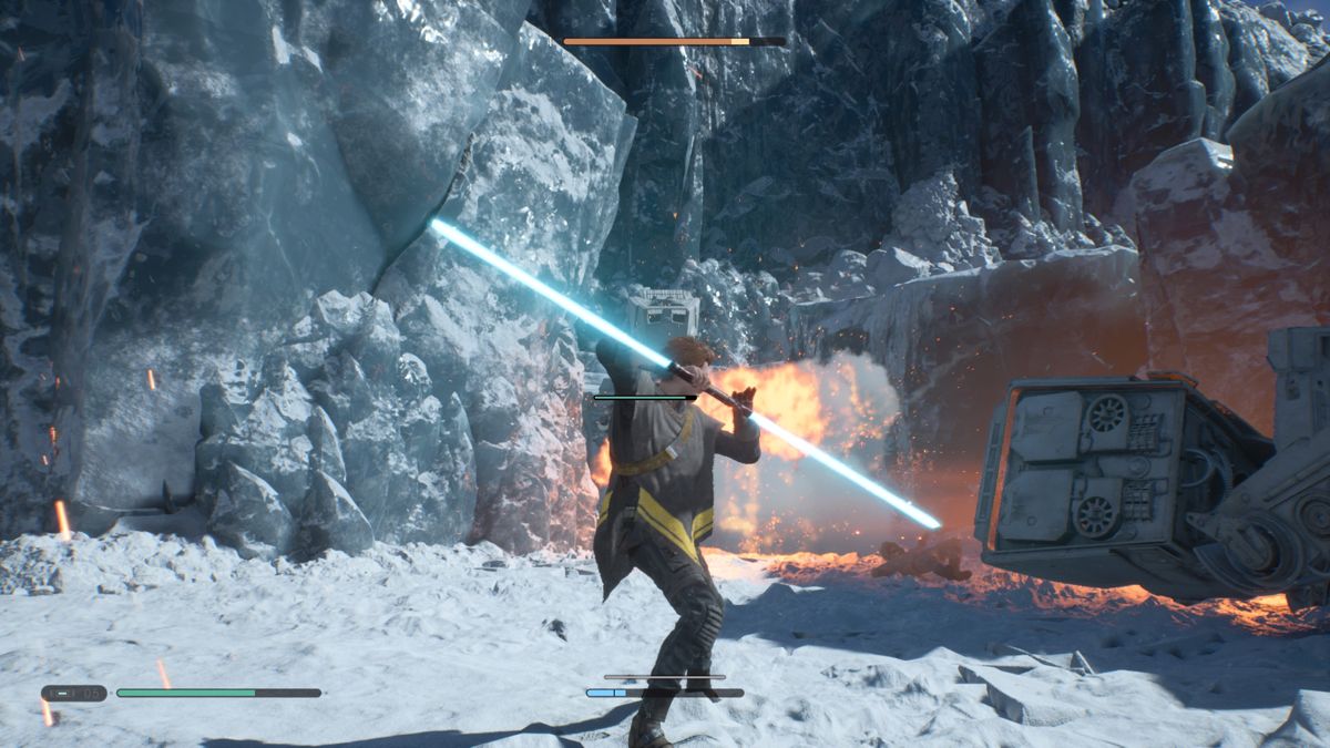 Star Wars: Jedi - Fallen Order (PlayStation 4) screenshot: Cal versus two AT-STs