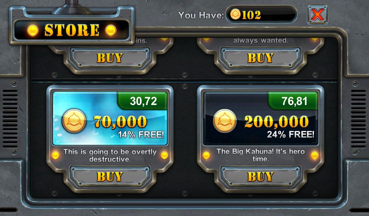 Fieldrunners 2 (Android) screenshot: Buy additional coins as in-app purchases.