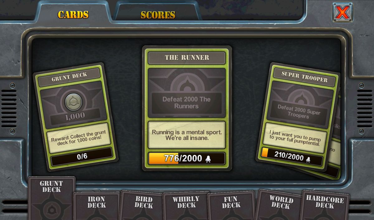 Fieldrunners 2 (Android) screenshot: Cards act as achievements, but also provide bonuses.