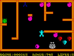 Bomber Bob In Pentagon Capers (ZX Spectrum) screenshot: Starting in the 3rd set of rooms