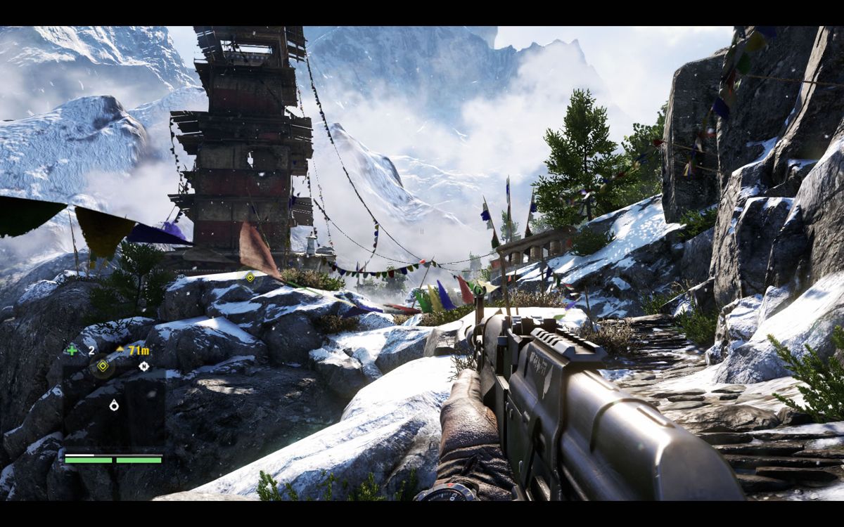 Far Cry 4 (Windows) screenshot: Approaching a building near the top of a mountain.