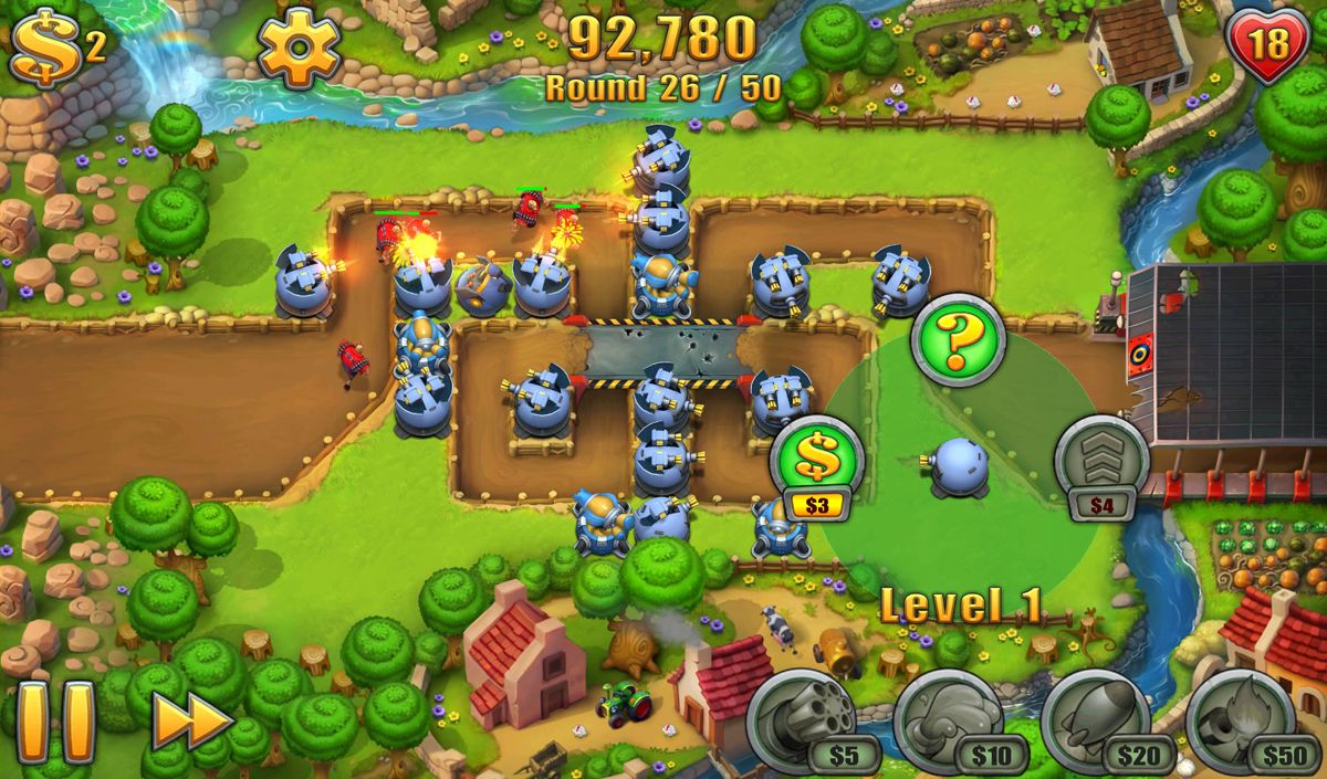 Fieldrunners 2 (Android) screenshot: In the middle of a session (round 26/50). The menu of the turret on the right has been opened.