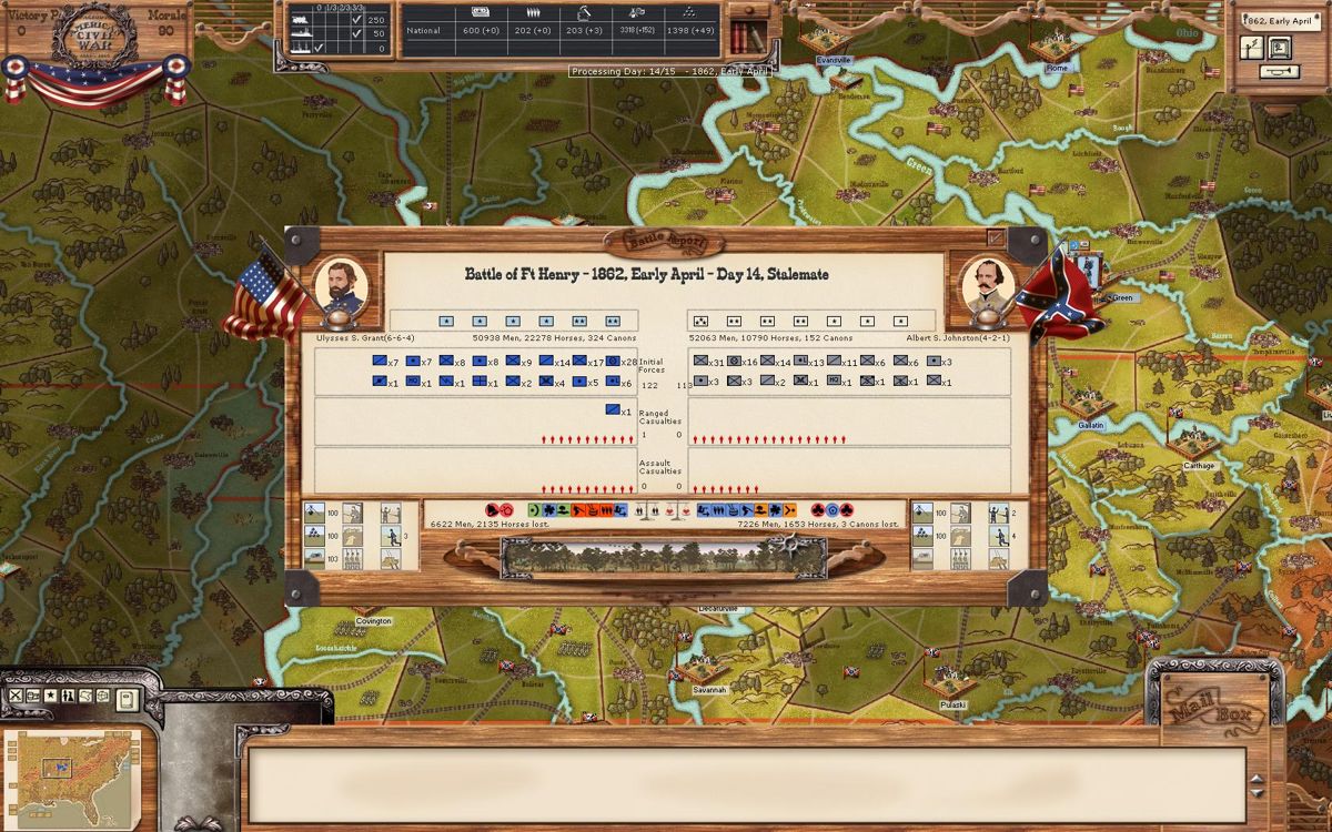 AGEOD's American Civil War (Windows) screenshot: battle results