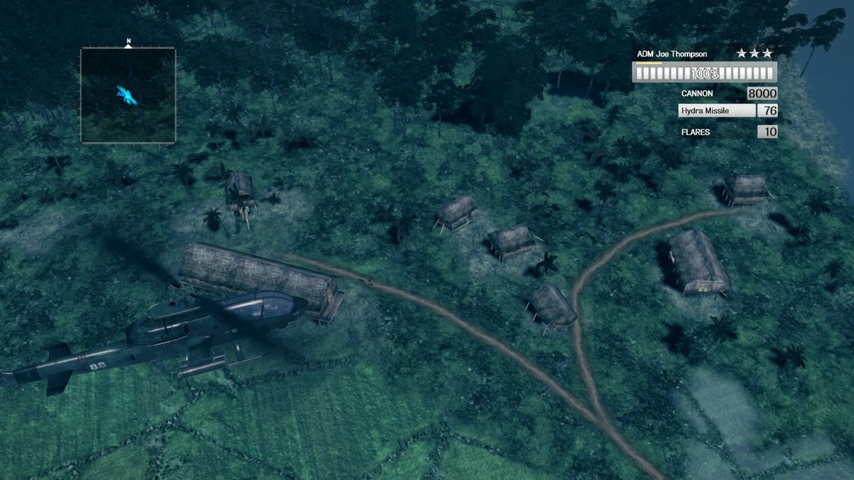 Air Conflicts: Vietnam - Ultimate Edition (PlayStation 4) screenshot: Flying over the village in a Cobra attack helicopter.