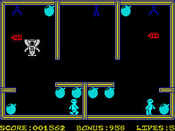 Bomber Bob In Pentagon Capers (ZX Spectrum) screenshot: Watch out for falling canister of TNT