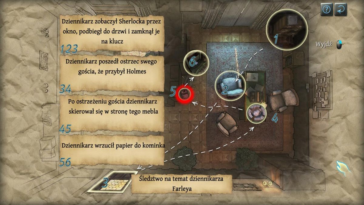The Testament of Sherlock Holmes (Windows) screenshot: A diagram of suspects' locations