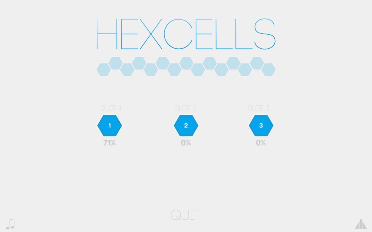 Hexcells (Windows) screenshot: Title screen and main menu with the three profile slots and completion rate.