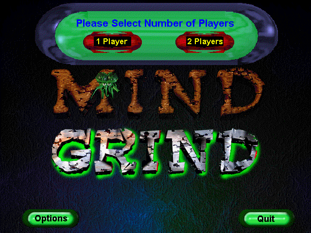 Mind Grind (Windows 16-bit) screenshot: The game's main menu. This being the demo version of the game the options link in the lower left is limited to Quit & Resume buttons